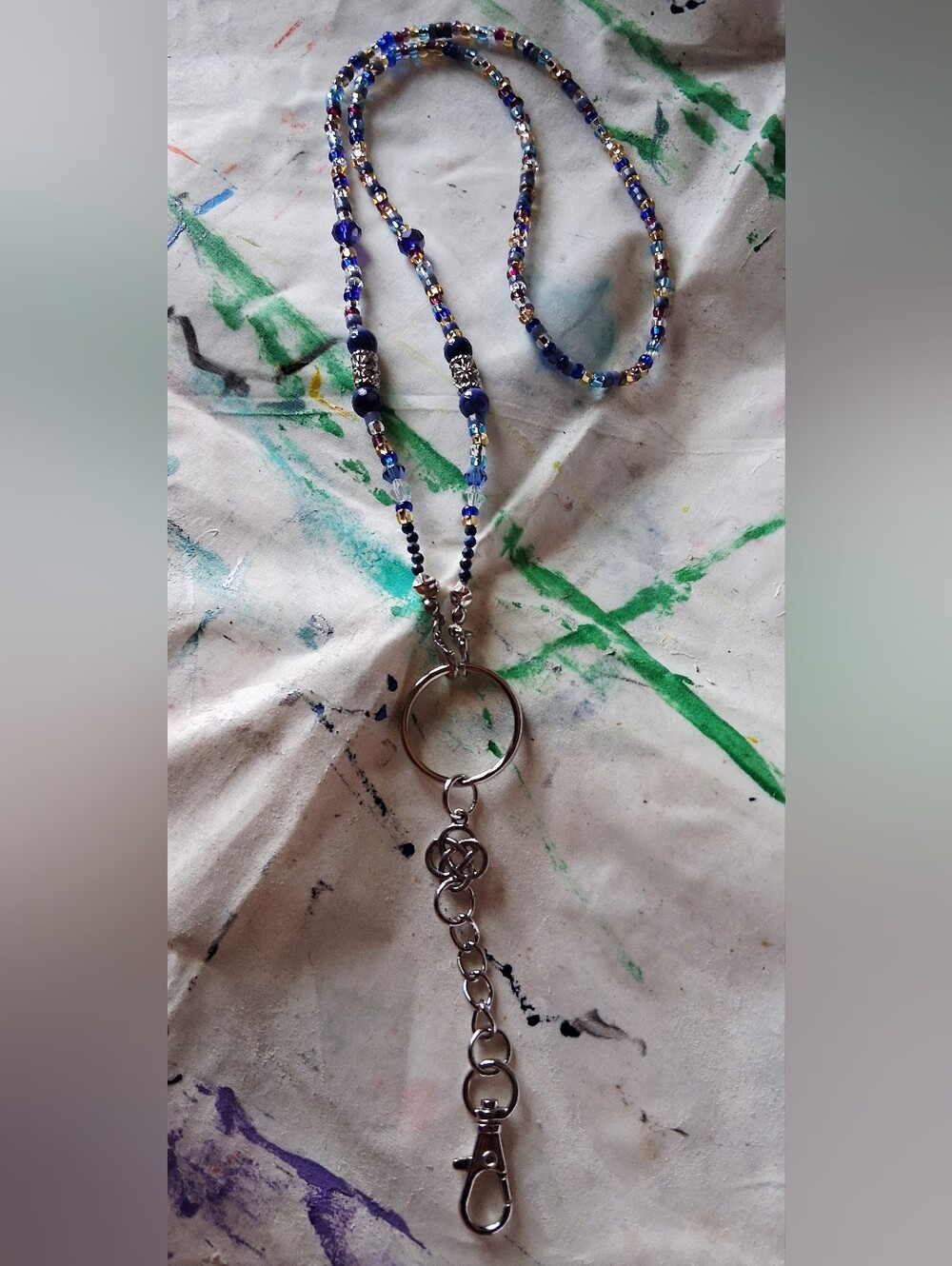 Navy Blue Beaded Lanyard Necklace with Keyring Handcrafted